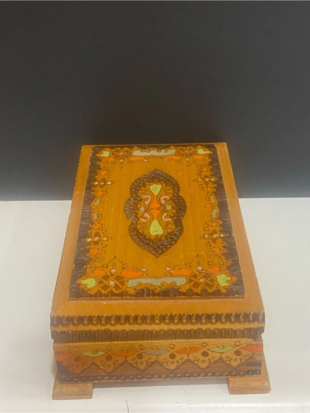Vintage Bulgarian folk art pyrography wooden box